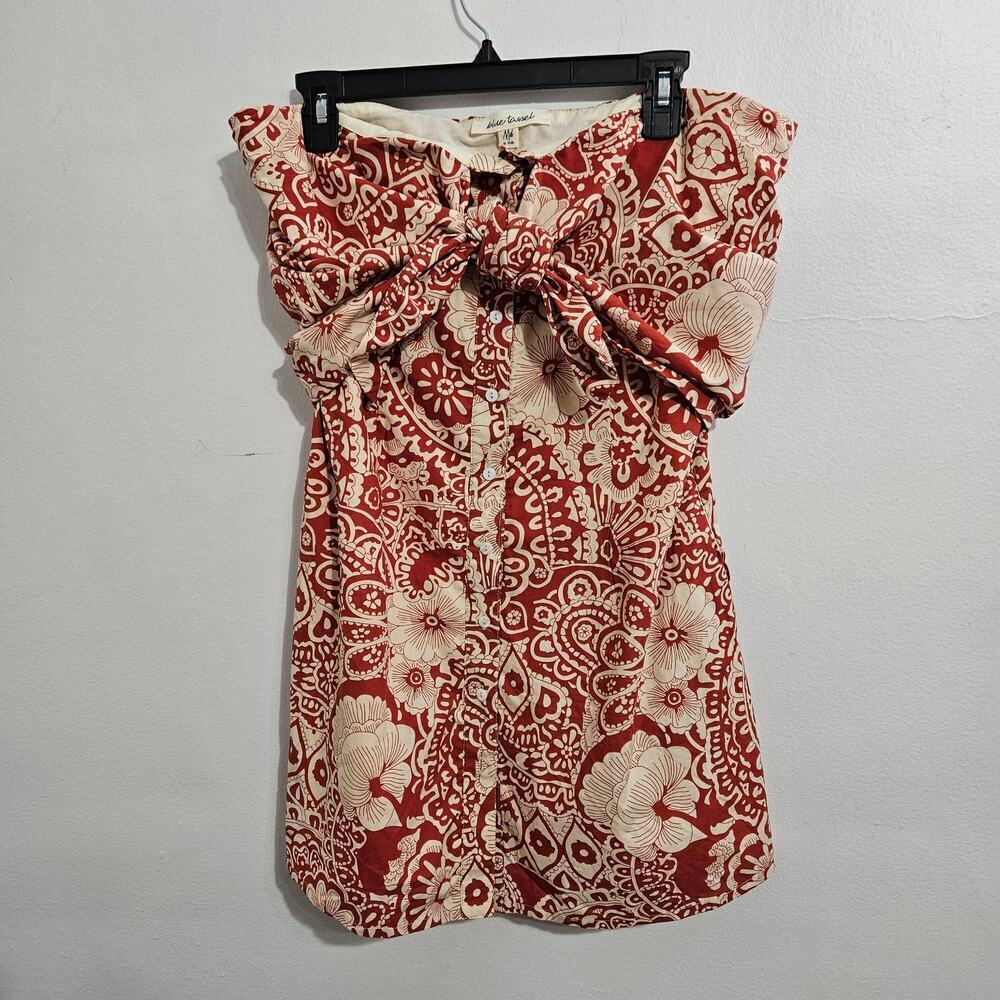 NWT! Anthropologie Blue Tassel Strapless Tie Front Red/Cream Mini Dress. Size M - Picture 3 of 10
